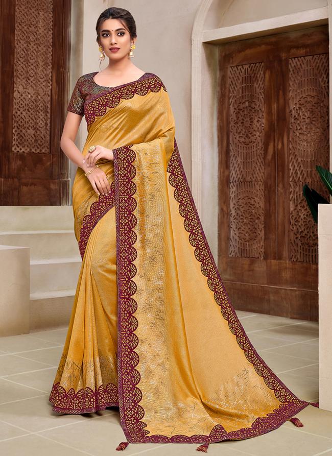  Silk Georgette Yellow Party Wear Applique Work Saree